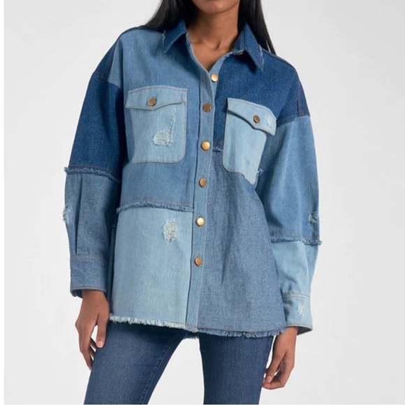 Brand New ELAN Patchwork Jacket Denim Button Up Jean Shacket Distressed Frayed - Picture 2 of 14